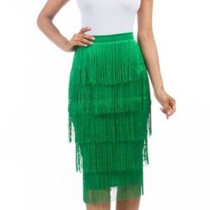 Green, Fringe-Layered, Pencil Skirt